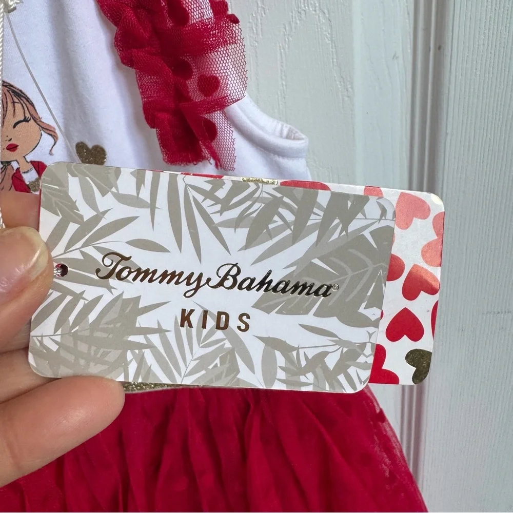 Tommy Bahama 2 Piece Girls Red White Valentine’s Tulle Dress Size 5 Headband NEW